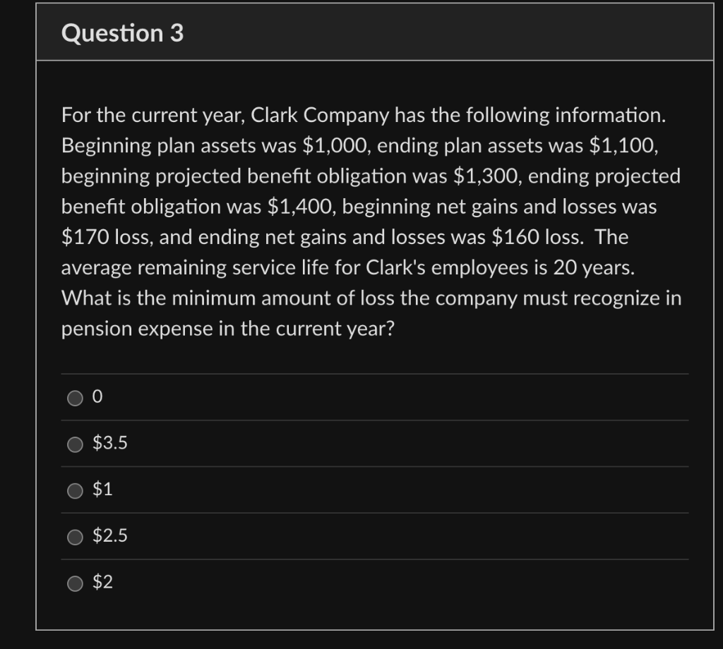 Question 3
For the current year, Clark Company has the following information.
Beginning plan assets was $1,000, ending plan assets was $1,100,
beginning projected benefit obligation was $1,300, ending projected
benefit obligation was $1,400, beginning net gains and losses was
$170 loss, and ending net gains and losses was $160 loss. The
average remaining service life for Clark's employees is 20 years.
What is the minimum amount of loss the company must recognize in
pension expense in the current year?
$3.5
$1
$2.5
$2
