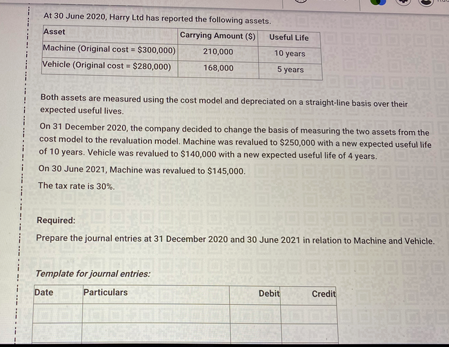 At 30 June 2020, Harry Ltd has reported the following assets.
Asset
Carrying Amount ($)
Useful Life
Machine (Original cost = $300,000)
210,000
10 years
Vehicle (Original cost =
$280,000)
168,000
5 years
Both assets are measured using the cost model and depreciated on a straight-line basis over their
expected useful lives.
On 31 December 2020, the company decided to change the basis of measuring the two assets from the
cost model to the revaluation model. Machine was revalued to $250,000 with a new expected useful life
of 10 years. Vehicle was revalued to $140,000 with a new expected useful life of 4
years.
On 30 June 2021, Machine was revalued to $145,000.
The tax rate is 30%.
Required:
Prepare the journal entries at 31 December 2020 and 30 June 2021 in relation to Machine and Vehicle.
Template for journal entries:
Date
Particulars
Debit
Credit
FO
