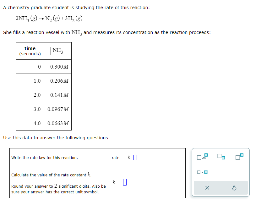 A chemistry graduate student is studying the rate of this reaction:
2NH3(g) → N₂(g) + 3H₂(g)
She fills a reaction vessel with NH3 and measures its concentration as the reaction proceeds:
time
(seconds)
0
1.0
2.0
[NH3]
4.0
0.300M
0.206M
0.141 M
3.0 0.0967 M
0.0663 M
Use this data to answer the following questions.
Write the rate law for this reaction.
Calculate the value of the rate constant k.
Round your answer to 2 significant digits. Also be
sure your answer has the correct unit symbol.
rate
11
0
☐x10
ロ･ロ
X
3