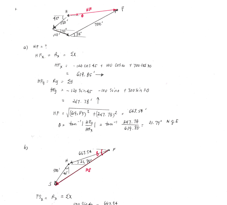 HF
720'
700'
100.
30
a) HF = ?
HFx, =
Rx
%3D
HFx
- (20 coS 45 + 100 Cos w † Y00 Cas 20
G19.85'+
%3D
HFy = Ry
Hify
* - 120 Si'n 45 - 100 Si'no † 100 Si'n 3 O
de47. 78' ↑
HF =
+(247. 7932
G67. 57'
tan-'I HFy
tun - 347. 1e
619.85
21. 79° NZE
Hfx
b)
F
667. 54
500'
40"
PS
FSx = Rx = {X
667,54
