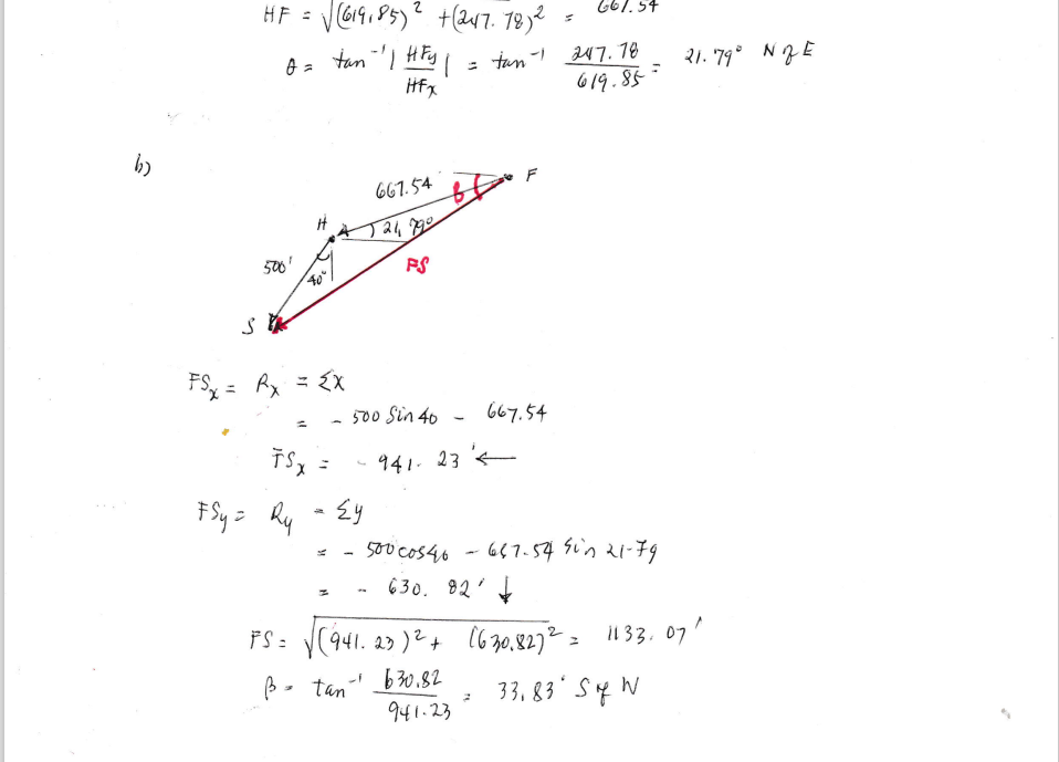 HF = V G19.85)? +(2r7. 183²
G67.54
tun - 47. 78
619.85
21. 79° NZE
Hfx
b)
F
667.54
500'
PS
FS, = Rx = {X
500 Sin 40
667.54
%3D
941. 23
- Ey
- - S00 cos46 - 667.54 SinI-79
630. 92'
F Sy = Ry
FS : y(941. 23 )² + 1630.8272 = 133. 07'
-i b30.82
B- tan
33, 83' Sf W
941.23
