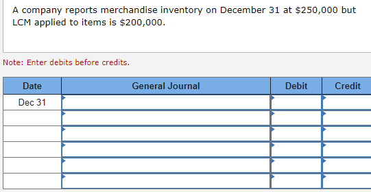 A company reports merchandise inventory on December 31 at $250,000 but
LCM applied to items is $200,000.
Note: Enter debits before credits.
Date
Dec 31
General Journal
Debit
Credit