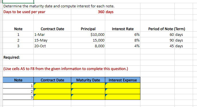 Determine the maturity date and compute interest for each note.
Days to be used per year
360 days
Note
1
2
3
Required:
Note
Contract Date
HN3
1-Mar
15-May
20-Oct
Principal
Contract Date
$10,000
15,000
8,000
(Use cells A5 to F8 from the given information to complete this question.)
Maturity Date Interest Expense
Interest Rate
6%
8%
4%
Period of Note (Term)
60 days
90 days
45 days