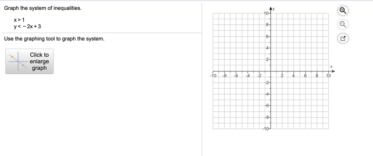 Graph the system of inequalities.
Ay
10-
x> 1
y< - 2x +3
8-
6-
Use the graphing tool to graph the system.
4-
Click to
2-
enlarge
graph
X
-10
-8
-6
-4
-2
4
6.
10
-2-
-4-
-6-
-8-
-10-

