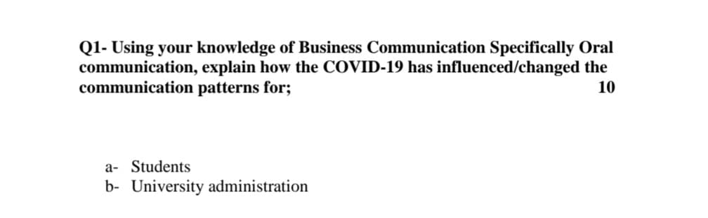 Q1- Using your knowledge of Business Communication Specifically Oral
communication, explain how the COVID-19 has influenced/changed the
communication patterns for;
10
a- Students
b- University administration
