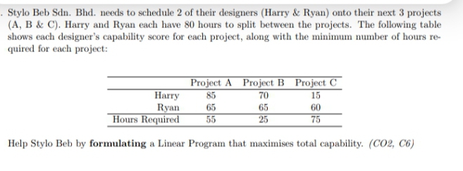 . Stylo Beb Sdn. Bhd. needs to schedule 2 of their designers (Harry & Ryan) onto their next 3 projects
(A, B & C). Harry and Ryan each have 80 hours to split between the projects. The following table
shows each designer's capability score for each project, along with the minimum number of hours re-
quired for each project:
Project A Project B Project C
Harry
85
70
15
Ryan
65
65
60
Hours Required
55
25
75
Help Stylo Beb by formulating a Linear Program that maximises total capability. (CO2, C6)