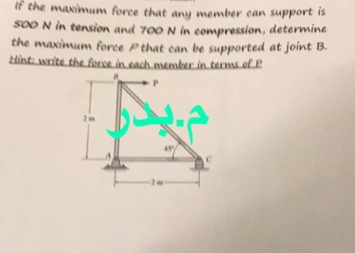 If the maximum force that any member can support is
SOO N in tension and 700 N in compression, determine
the maximum force that can be supported at joint B.
Hint: write the force in each member in terms of P
2m
m