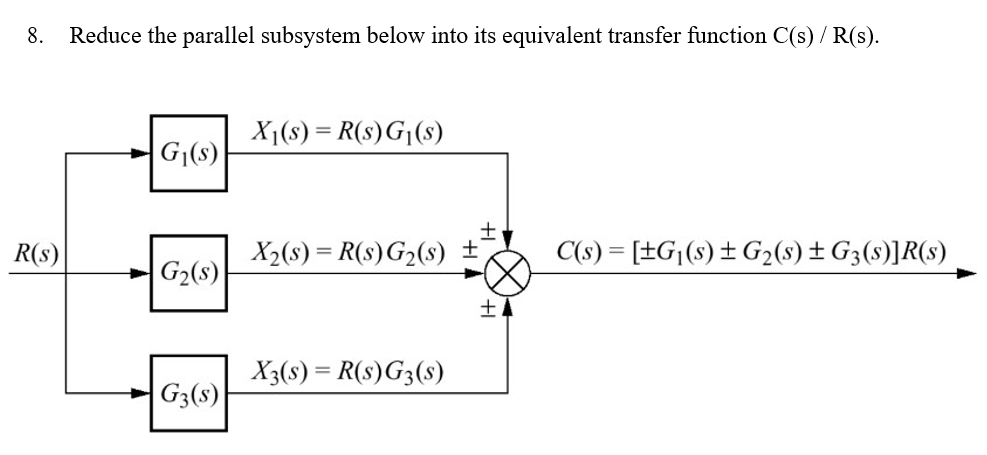 8. Reduce the parallel subsystem below into its equivalent transfer function C(s) / R(s).
X₁(s) = R(s) G₁(s)
G₁(s)
+
R(S)
X₂(s) = R(s) G₂(s) ±
C(s)[±G₁(s) ± G₂ (s) ± G3 (s)]R(s)
G₂(s)
X3(s) = R(s) G3(s)
G3(s)