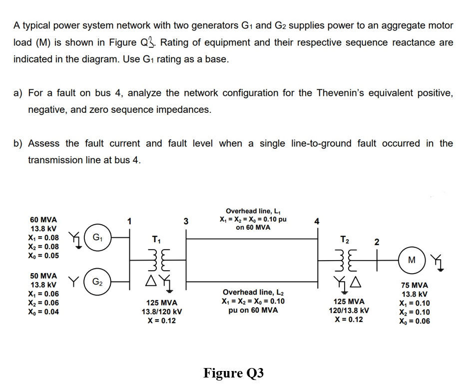 A typical power system network with two generators G₁ and G2 supplies power to an aggregate motor
load (M) is shown in Figure Q3. Rating of equipment and their respective sequence reactance are
indicated in the diagram. Use G₁ rating as a base.
a) For a fault on bus 4, analyze the network configuration for the Thevenin's equivalent positive,
negative, and zero sequence impedances.
b) Assess the fault current and fault level when a single line-to-ground fault occurred in the
transmission line at bus 4.
60 MVA
3
Overhead line, L₁
X₁ X₂ = X₁ = 0.10 pu
on 60 MVA
4
13.8 kV
X₁ = 0.08
G₁
T₁
2
X₂ = 0.08
Xo = 0.05
MY
50 MVA
13.8 kV
X₁ = 0.06
ΔΥ
Overhead line, L2
X = Xz = Xo = 0.10
pu on 60 MVA
X₂ = 0.06
125 MVA
13.8/120 kV
X = 0.12
Xo = 0.04
G₂
Figure Q3
T₂
38
YA
125 MVA
120/13.8 kV
X = 0.12
75 MVA
13.8 kV
X₁ = 0.10
X₂ = 0.10
Xo = 0.06