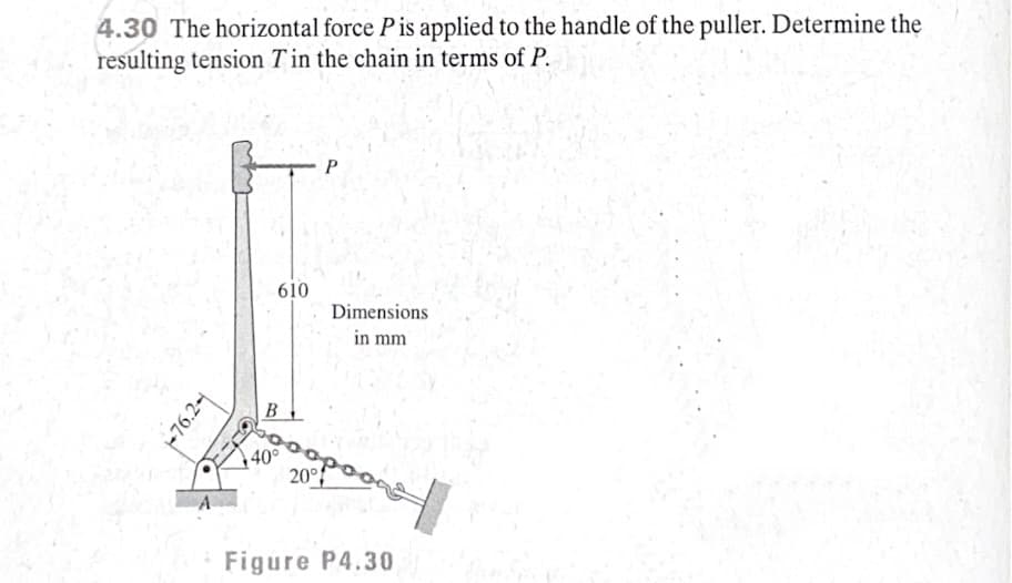 4.30 The horizontal force P is applied to the handle of the puller. Determine the
resulting tension T in the chain in terms of P.
610
Dimensions
in mm
B
40°
20°
Figure P4.30
-76.2-
