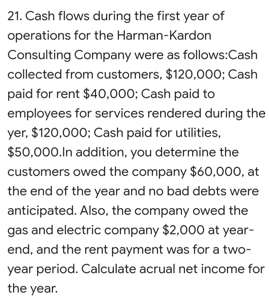 21. Cash flows during the first year of
operations for the Harman-Kardon
Consulting Company were as follows:Cash
collected from customers, $120,000; Cash
paid for rent $40,000; Cash paid to
employees for services rendered during the
yer, $120,000; Cash paid for utilities,
$50,000.In addition, you determine the
customers owed the company $60,000, at
the end of the year and no bad debts were
anticipated. Also, the company owed the
gas and electric company $2,000 at year-
end, and the rent payment was for a two-
year period. Calculate acrual net income for
the year.
