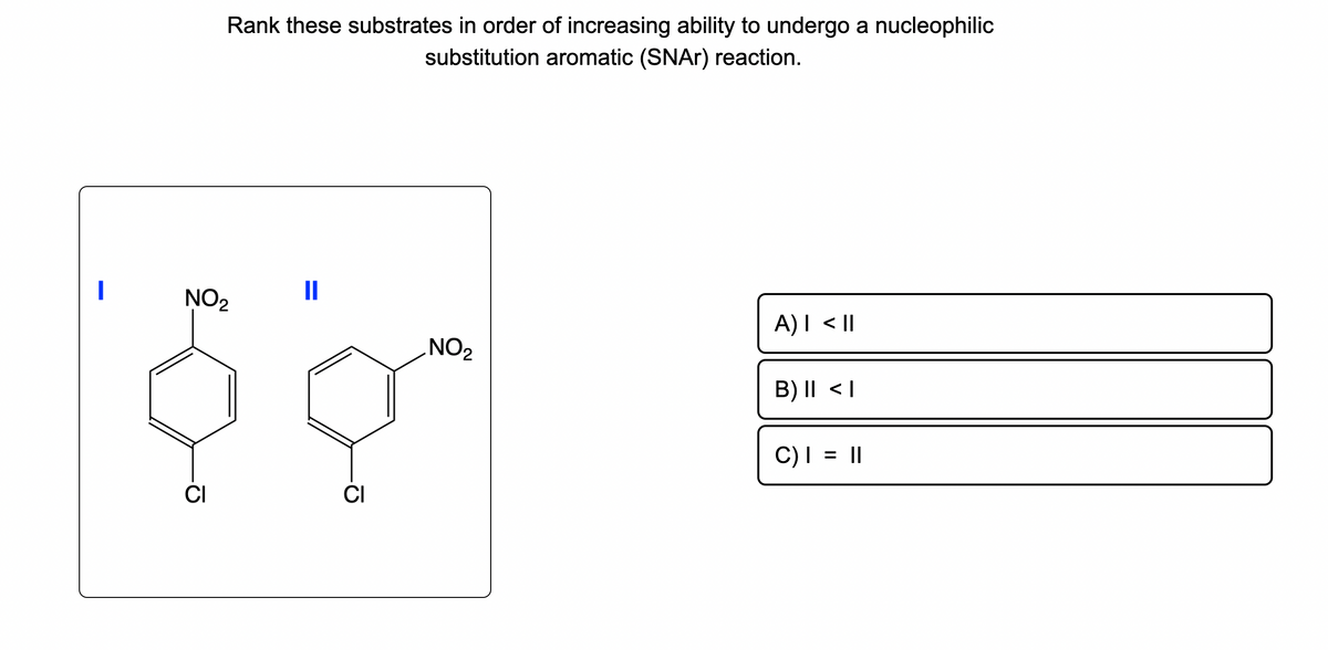 I
Rank these substrates in order of increasing ability to undergo a nucleophilic
substitution aromatic (SNAr) reaction.
NO₂
CI
11
CI
NO₂
A) I < II
B) II <I
C) I = II