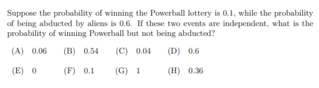 Suppose the probability of winning the Powerball lottery is 0.1, while the probability
of being abducted by aliens is 0.6. If these two events are independent, what is the
probability of winning Powerball but not being abducted?
(A) 0.06
(B) 0.54
(C) 0.04
(D) 0.6
(E) 0
(F) 0.1
(G) 1
(H) 0.36
