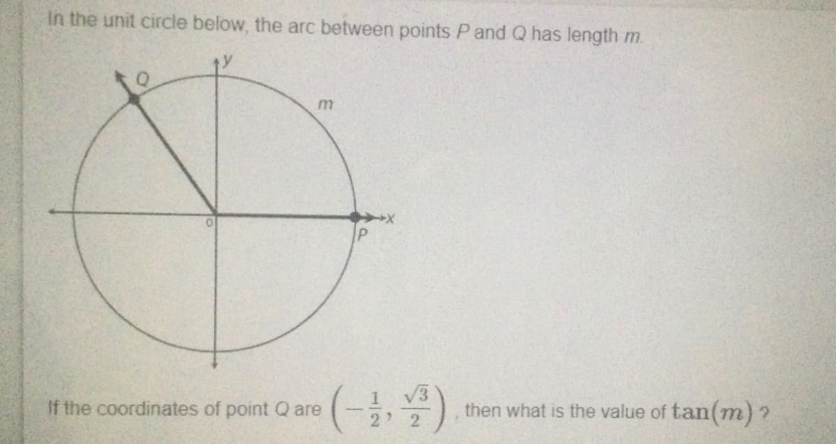 In the unit circle below, the arc between points P and Q has length m.
(4)
V3
then what is the value of tan(m)?
If the coordinates of point Q are
222
