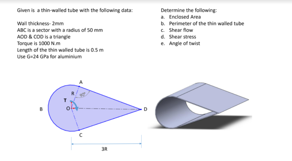 Given is a thin-walled tube with the following data:
Wall thickness- 2mm
ABC is a sector with a radius of 50 mm
AOD & COD is a triangle
Torque is 1000 N.m
Length of the thin walled tube is 0.5 m
Use G=24 GPa for aluminium
A
B
T
R
3R
D
Determine the following:
a. Enclosed Area
b. Perimeter of the thin walled tube
c. Shear flow
d. Shear stress
e. Angle of twist