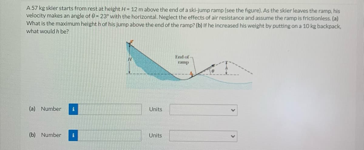 A 57 kg skier starts from rest at height H = 12 m above the end of a ski-jump ramp (see the figure). As the skier leaves the ramp, his
velocity makes an angle of e = 23° with the horizontal. Neglect the effects of air resistance and assume the ramp is frictionless. (a)
What is the maximum height h of his jump above the end of the ramp? (b) If he increased his weight by putting on a 10 kg backpack,
what would h be?
End of-
ramp
(a) Number
Units
(b) Number
Units
