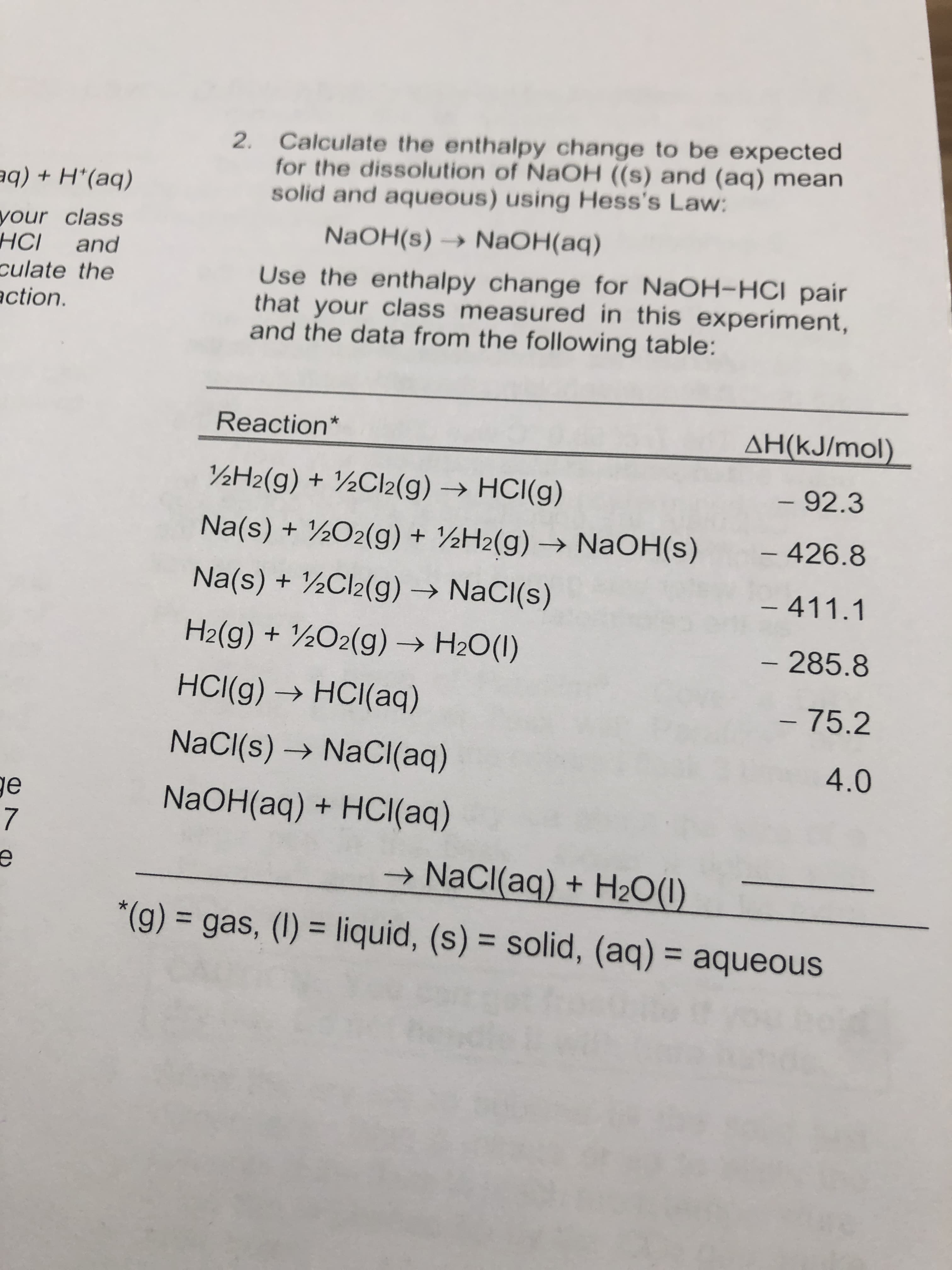 2. Calculate the enthalpy change to be expected
for the dissolution of NaOH ((s) and (aq) mean
solid and aqueous) using Hess's Law:
q + H*(aq)
your class
and
NaOH(s) → NAOH(aq)
НСІ
culate the
action.
Use the enthalpy change for NaOH-HCI pair
that your class measured in this experiment,
and the data from the following table:
Reaction*
AH(kJ/mol)
½H2(g) + ½CI2(g) → HCI(g)
- 92.3
Na(s) + ½O2(g) + ½H2(g) → NaOH(s)
–426.8
Na(s) + ½CI2(g) → NaCI(s)
– 411.1
H2(g) + ½O2(g) → H2O(1)
- 285.8
HCI(g) → HCI(aq)
-75.2
NaCI(s) → NaCI(aq)
4.0
NaOH(aq) + HCI(aq)
→ NaCl(aq) + H2O(1)
*(g) = gas, (1) = liquid, (s) = solid, (aq) = aqueous
%3D
%3D
%3D
