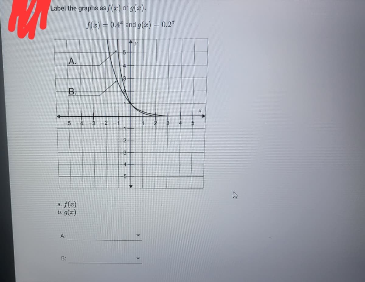 Label the graphs asf(z) or g(z).
f(2) = 0.4" and g(2) = 0.2"
A.
B.
2
a. f(x)
b. g(z)
A:
B:
