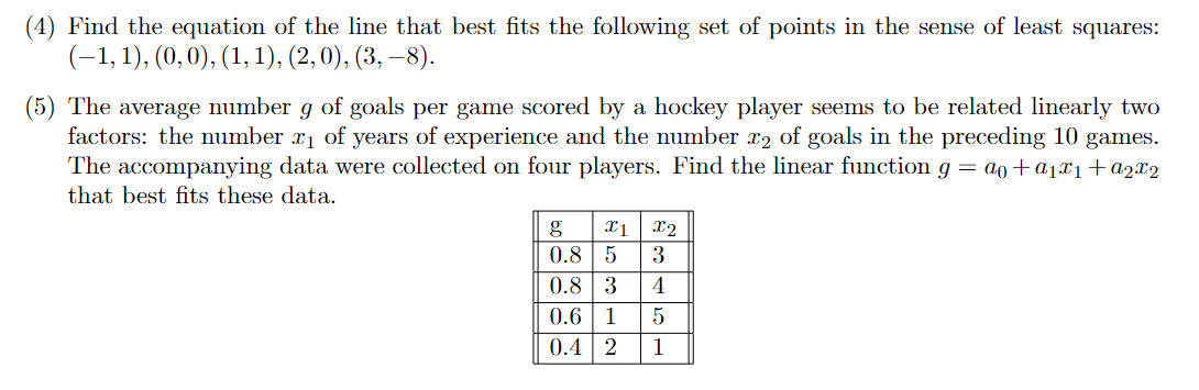 (4) Find the equation of the line that best fits the following set of points in the sense of least squares:
(-1, 1), (0,0), (1, 1), (2,0), (3, –8).
(5) The average number g of goals per game scored by a hockey player seems to be related linearly two
factors: the number a1 of years of experience and the number x2 of goals in the preceding 10 games.
The accompanying data were collected on four players. Find the linear function g = ao+a1x1+a2x2
that best fits these data.
g
x2
0.8 5
0.8 | 3
3
4
0.6
1
0.4 | 2
1
