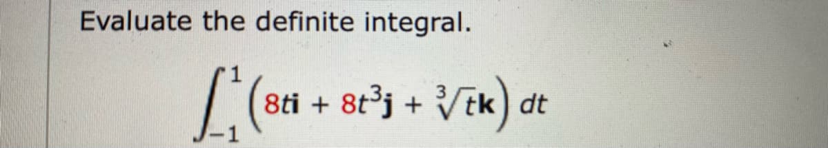 Evaluate the definite integral.
L₁(8+
8ti +8t³j + √√tk) dt