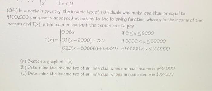 if x <O
(Q4.) In a certain country, the income tax of individualo who make less than or equal to
$100,000 per year io assessed according to the following function, where x io the income of the
peroon and T(x) io the income tax that the person has to pay
(0.08x
T(x)=0.1x - 9000)+720
0.20(x-50000)+5492.8 if 50000 <x< 100000
if OSxS9000
if 9000 <x<50000
(a) Sketch a graph of T(x)
(b) Determine the income tax of an individual whose annual income is $46,000
(c) Determine the income tax of an individual whose annual income io $72,000
