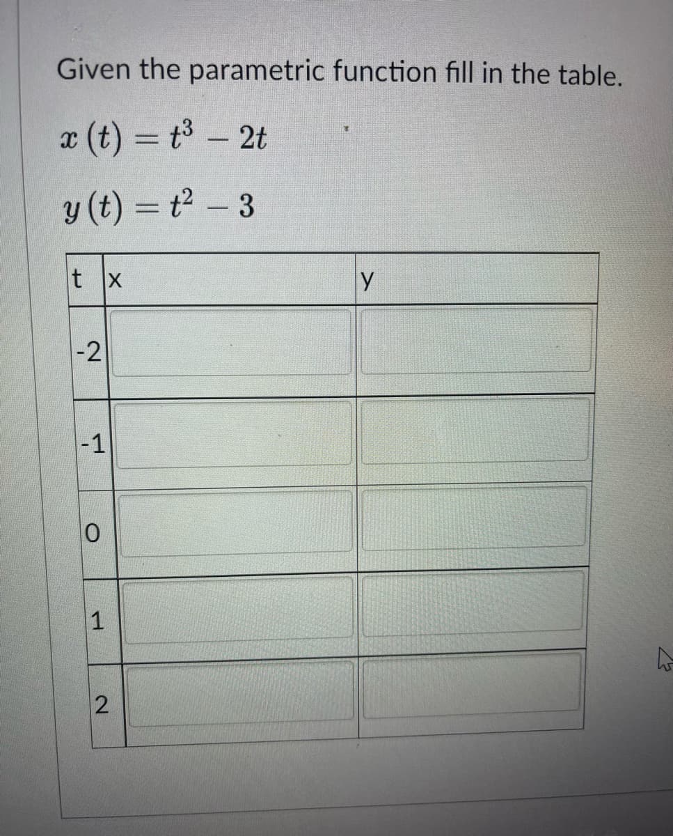 Given the parametric function fill in the table.
x (t) = t3 - 2t
y (t) = t2 – 3
t x
-2
-1
1
