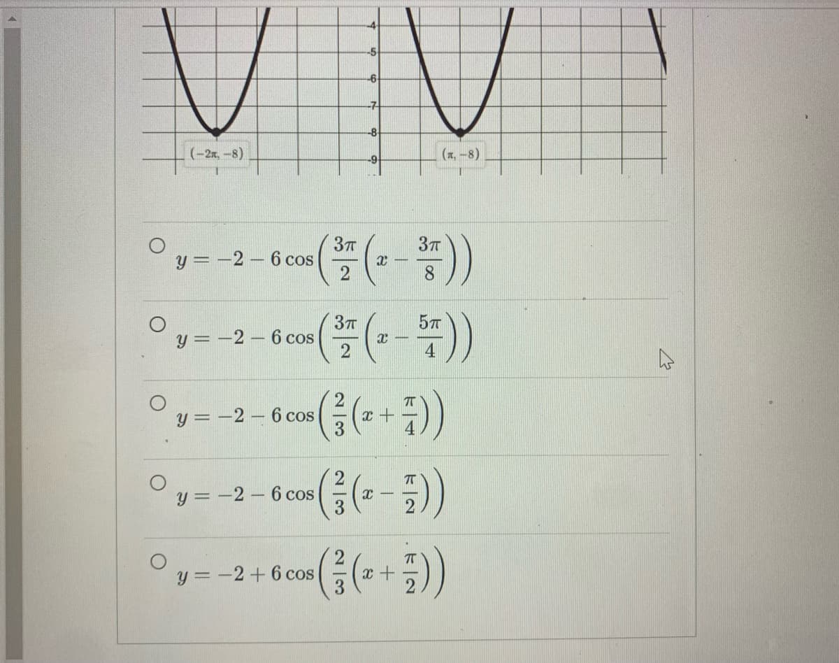 -7
-8
(-2x, -8)
(x.-8)
-9
y = -2 – 6 cos
57
y = -2 – 6 cos
y = -2 – 6 cos
y = -2 – 6 cos
y = -2+6 cos
