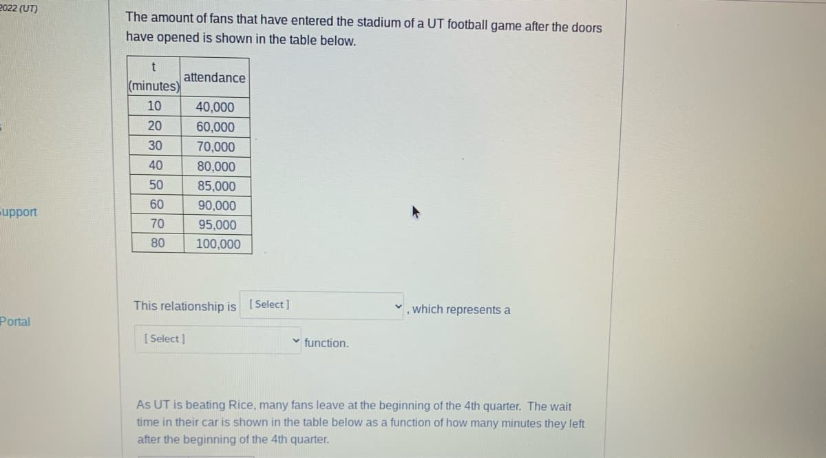 2022 (UT)
The amount of fans that have entered the stadium of a UT football game after the doors
have opened is shown in the table below.
attendance
(minutes)
10
40,000
20
60,000
30
70,000
40
80,000
50
85,000
60
90,000
Fupport
70
95,000
80
100,000
This relationship is [Select]
which represents a
Portal
[ Select ]
v function.
As UT is beating Rice, many fans leave at the beginning of the 4th quarter. The wait
time in their car is shown in the table below as a function of how many minutes they left
after the beginning of the 4th quarter.
