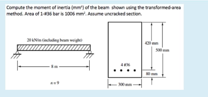 Compute the moment of inertia (mm') of the beam shown using the transformed-area
method. Area of 1-#36 bar is 1006 mm. Assume uncracked section.
20 kN/m (including beam weight)
420 mm
500 mm
4 #36
8 m
80 mm
n =9
300 mm
