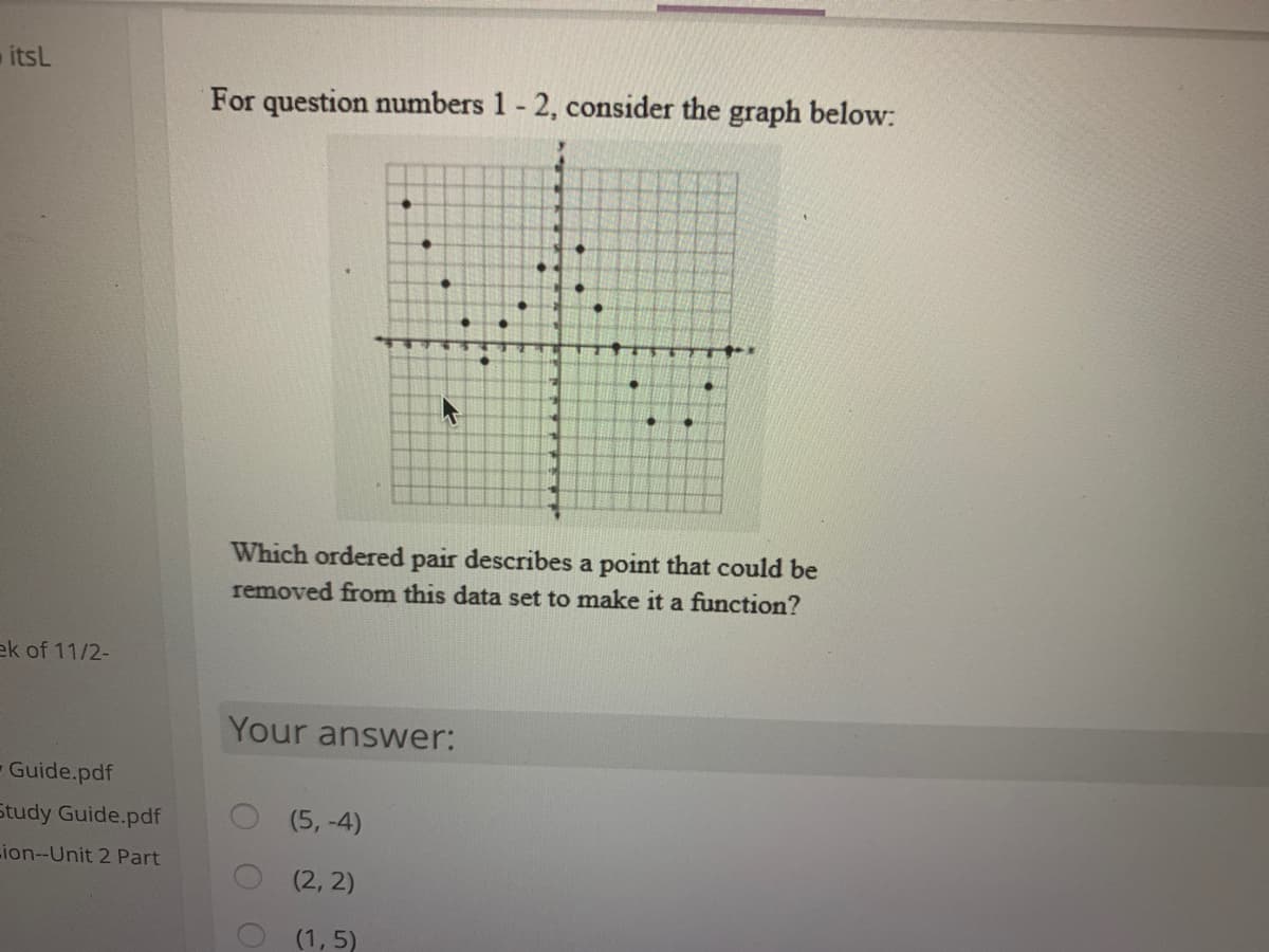 itsL
For question numbers 1 - 2, consider the graph below:
Which ordered pair describes a point that could be
removed from this data set to make it a function?
ek of 11/2-
Your answer:
Guide.pdf
Study Guide.pdf
(5, -4)
Lion--Unit 2 Part
(2, 2)
(1, 5)
