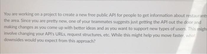 You are working on a project to create a new free public API for people to get information about restaurants
the area. Since you are pretty new, one of your teammates suggests just getting the API out the door and
making changes as you come up with better ideas and as you want to support new types of users. This might
involve changing your API's URLS, request structures, etc. While this might help you move faster, what
downsides would you expect from this approach?
