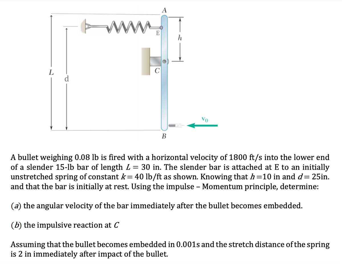 ww.
E
L
d
Vo
В
A bullet weighing 0.08 lb is fired with a horizontal velocity of 1800 ft/s into the lower end
of a slender 15-lb bar of length L = 30 in. The slender bar is attached at E to an initially
unstretched spring of constant k= 40 lb/ft as shown. Knowing that h=10 in and d= 25in.
and that the bar is initially at rest. Using the impulse - Momentum principle, determine:
%3D
(a) the angular velocity of the bar immediately after the bullet becomes embedded.
(b) the impulsive reaction at C
Assuming that the bullet becomes embedded in 0.001s and the stretch distance of the spring
is 2 in immediately after impact of the bullet.
