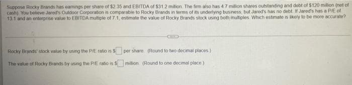 Suppose Rocky Brands has earmnings per share of $2.35 and EBITDA of $312 million. The firm also has 4.7 million shares outstanding and debt of $120 milion (not of
cash). You believe Jared's Outdoor Corporation is comparable to Rocky Brands in terms of its underlying business, but Jared's has no debt. If Jared's has a P/E of
13.1 and an onterprise value to EBITDA multiple of 7.1, estimate the value of Rocky Brands stock using both multiples Which estimate is ikely to be more accurate?
Rocky Brands' stock value by using the P/E ratio is S per share. (Round to two decimal places.)
The value of Rocky Brands by using the PE ratio is $milion (Round to one decimal place)
