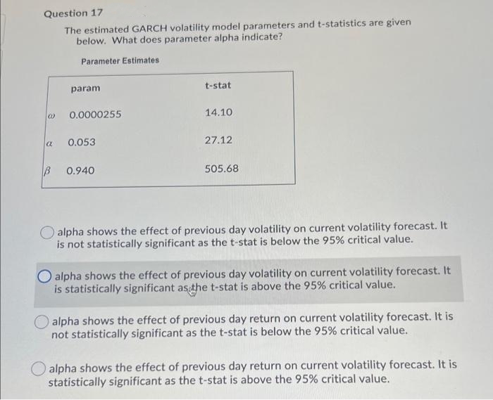 Question 17
The estimated GARCH volatility model parameters and t-statistics are given
below. What does parameter alpha indicate?
Parameter Estimates
t-stat
param
0.0000255
14.10
0.053
27.12
B
0.940
505.68
alpha shows the effect of previous day volatility on current volatility forecast. It
is not statistically significant as the t-stat is below the 95% critical value.
O alpha shows the effect of previous day volatility on current volatility forecast. It
is statistically significant asathe t-stat is above the 95% critical value.
alpha shows the effect of previous day return on current volatility forecast. It is
not statistically significant as the t-stat is below the 95% critical value.
alpha shows the effect of previous day return on current volatility forecast. It is
statistically significant as the t-stat is above the 95% critical value.
