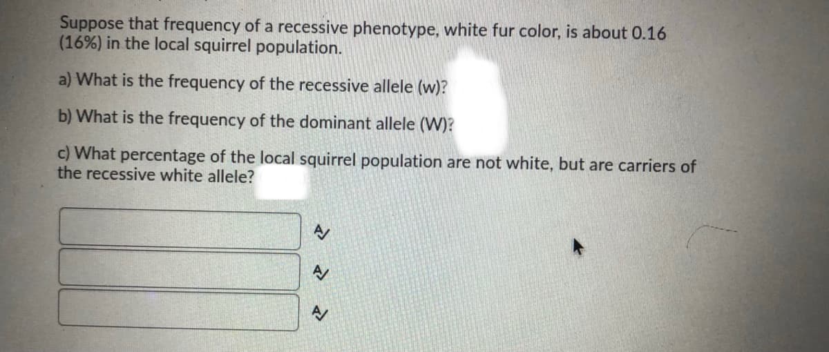 Suppose that frequency of a recessive phenotype, white fur color, is about 0.16
(16%) in the local squirrel population.
a) What is the frequency of the recessive allele (w)?
b) What is the frequency of the dominant allele (W)?
c) What percentage of the local squirrel population are not white, but are carriers of
the recessive white allele?
A/
A/
