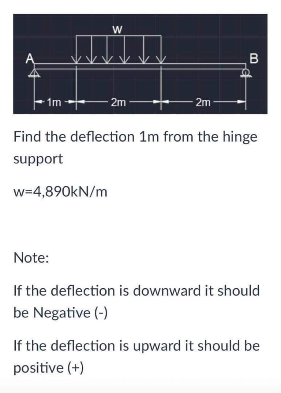 W
puttn
B
1m
2m
2m
Find the deflection 1m from the hinge
support
w=4,890kN/m
Note:
If the deflection is downward it should
be Negative (-)
If the deflection is upward it should be
positive (+)