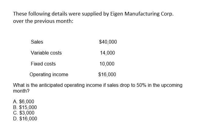 These following details were supplied by Eigen Manufacturing Corp.
over the previous month:
Sales
$40,000
Variable costs
14,000
Fixed costs
10,000
Operating income
$16,000
What is the anticipated operating income if sales drop to 50% in the upcoming
month?
A. $6,000
B. $15,000
C. $3,000
D. $16,000