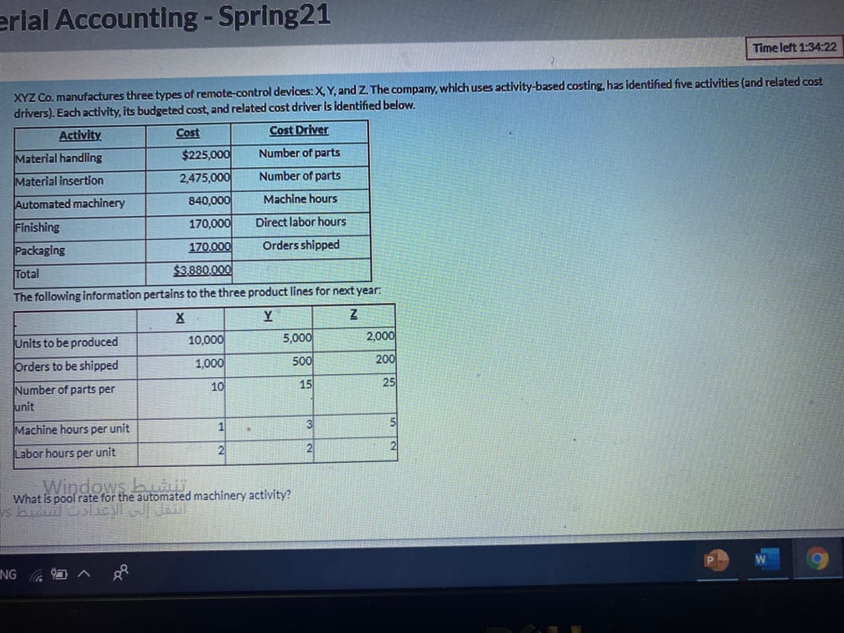 erlal Accounting- Spring21
Time left 1:34:22
XYZ Co. manufactures three types of remote-control devices:X, Y, and Z. The company, which uses activity-based costing, has identified five activities (and related cost
drivers). Each activity, its budgeted cost, and related cost driver is identified below.
Activity
Cost Driver
Cost
Material handling
$225,000
Number of parts
Material insertion
2,475,000
Number of parts
Automated machinery
840,000
Machine hours
Finishing
170,000
Direct labor hours
Packaging
170,000
Orders shipped
Total
$3.880.000
The following information pertains to the three product lines for next year:
Units to be produced
10,000
5,000
2,000
Orders to be shipped
1,000
500
200
10
15
25
Number of parts per
unit
Machine hours per unit
1
3
Labor hours per unit
2
Windows bu
What is pool rate for the automated machinery activity?
Is buu sc)
NG
