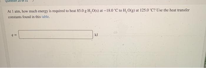 stion 20
At I atm, how much energy is required to heat 85.0 g H,O(s) at -18.0 C to H, O(g) at 125.0 "C? Use the heat transfer
constants found in this table.
kJ
