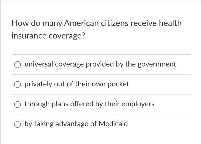 How do many American citizens receive health
insurance coverage?
universal coverage provided by the government
privately out of their own pocket
through plans offered by their employers
by taking advantage of Medicaid