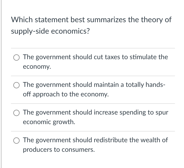 Which statement best summarizes the theory of
supply-side economics?
The government should cut taxes to stimulate the
economy.
The government should maintain a totally hands-
off approach to the economy.
The government should increase spending to spur
economic growth.
The government should redistribute the wealth of
producers to consumers.