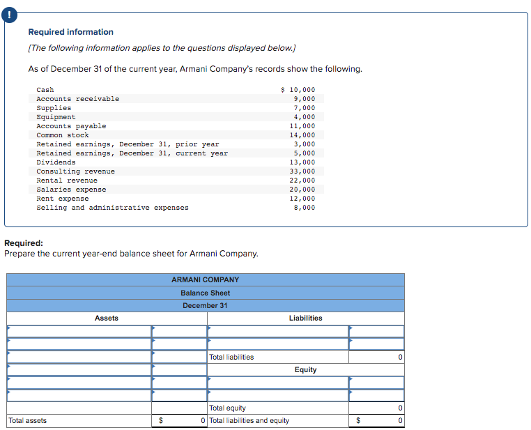 Required information
[The following information applies to the questions displayed below.]
As of December 31 of the current year, Armani Company's records show the following.
Cash
Accounts receivable
Supplies
Equipment
Accounts payable
Common stock
Retained earnings, December 31, prior year
Retained earnings, December 31, current year
Dividends
Consulting revenue
Rental revenue
Salaries expense
Rent expense
Selling and administrative expenses
Required:
Prepare the current year-end balance sheet for Armani Company.
Total assets
Assets
$
ARMANI COMPANY
Balance Sheet
December 31
Total liabilities
$ 10,000
9,000
7,000
4,000
11,000
14,000
3,000
5,000
13,000
33,000
22,000
20,000
12,000
8,000
Liabilities
Total equity
0 Total liabilities and equity
Equity
$
0
0
0