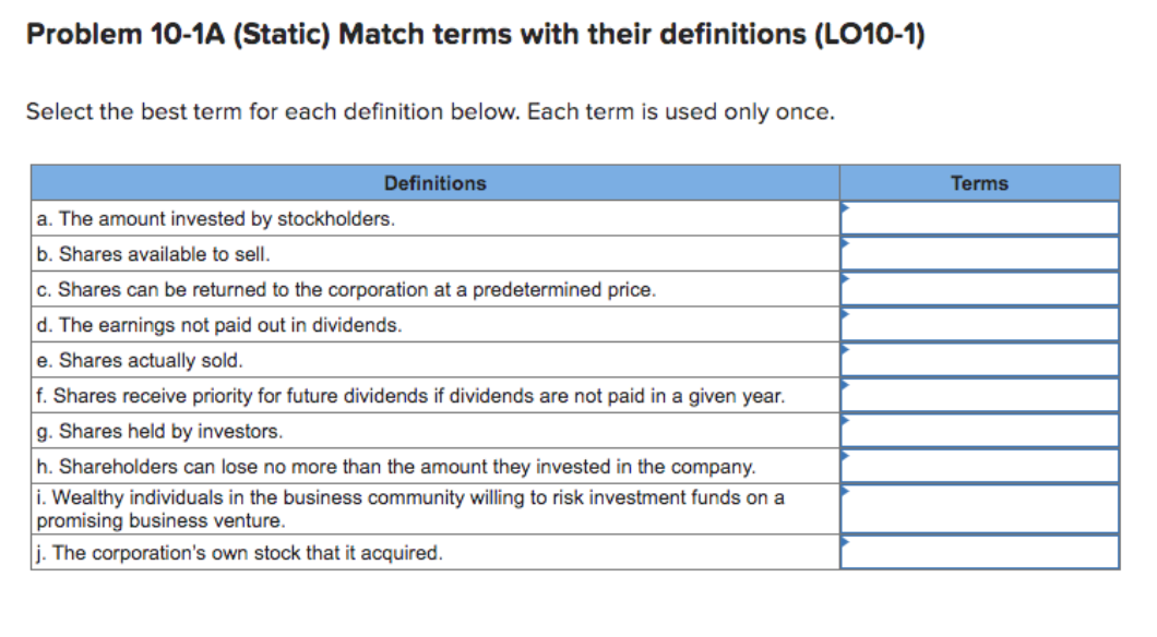 Problem 10-1A (Static) Match terms with their definitions (LO10-1)
Select the best term for each definition below. Each term is used only once.
Definitions
a. The amount invested by stockholders.
b. Shares available to sell.
c. Shares can be returned to the corporation at a predetermined price.
d. The earnings not paid out in dividends.
e. Shares actually sold.
f. Shares receive priority for future dividends if dividends are not paid in a given year.
g. Shares held by investors.
h. Shareholders can lose no more than the amount they invested in the company.
i. Wealthy individuals in the business community willing to risk investment funds on a
promising business venture.
j. The corporation's own stock that it acquired.
Terms