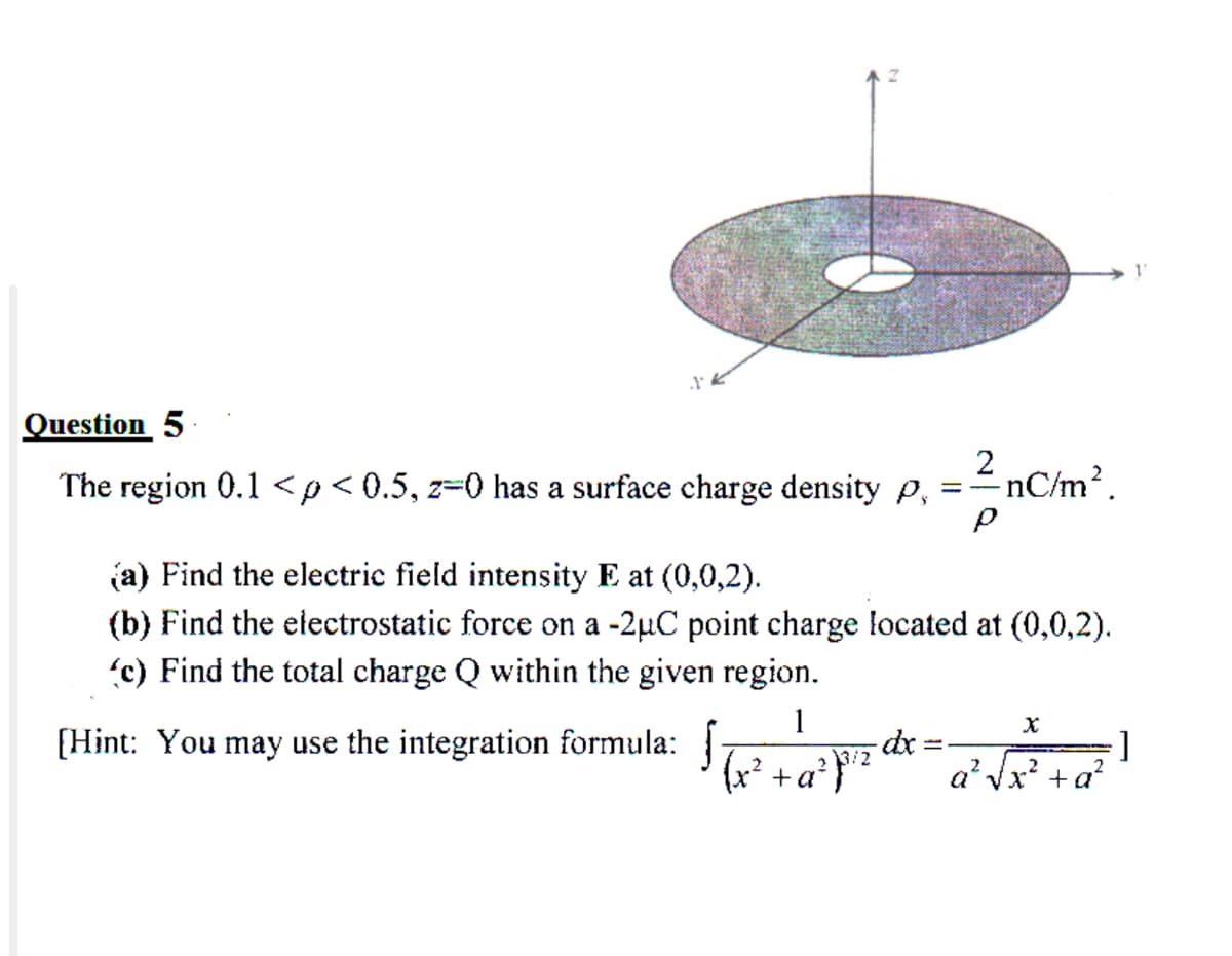 Question 5
The region 0.1 <p<0.5, z=0 has a surface charge density p,
2 nC/m?.
(a) Find the electric field intensity E at (0,0,2).
(b) Find the eiectrostatic force on a -2µC point charge located at (0,0,2).
'c) Find the total charge Q within the given region.
1
[Hint: You may use the integration formula:
(x² +a* }?
2
a" Vx + a?
