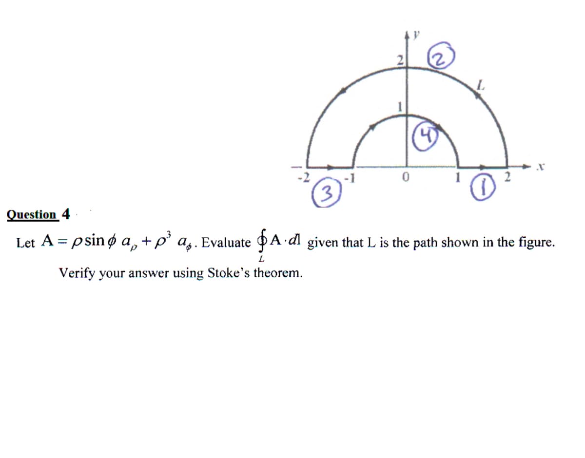 3)
Question 4
Let A
p sinø a, +p' a,. Evaluate pA dl given that L is the path shown in the figure.
%3D
L.
Verify your answer using Stoke's theorem.

