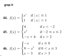 grap it
Įr if |x|s1
l! if|x| >1
44. f(x)
if x< -2
45. f(x) = {x?
if -2 sxs 2
-x + 6 if x >2
if xS0
9 - x if 0 <xS3
46. f(x)
(x- 3
if x> 3
