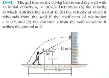 15-81. The girl throws the 0.5-kg ball toward the wall with
an initial velocity vĄ = 10m/s. Determine (a) the velocity
at which it strikes the wall at B, (b) the velocity at which it
rebounds from the wall if the coefficient of restitution
e = 0.5, and (c) the distance s from the wall to where it
strikes the ground at C.
A = 10 m/s
30 |
1.5 m
-3 m-
