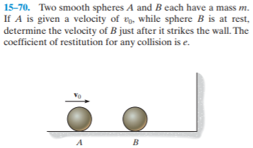 15-70. Two smooth spheres A and B each have a mass m.
If A is given a velocity of v, while sphere B is at rest,
determine the velocity of B just after it strikes the wall. The
coefficient of restitution for any collision is e.
