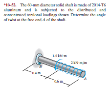 *10-52. The 60-mm diameter solid shaft is made of 2014-T6
aluminum and is subjected to the distributed and
concentrated tonsicnal loadings shown. Determine the angle
of twist at the free end A af the shaft.
15KN m
2 kN-m/m
