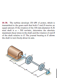 10-50. The turbine develops 150 kW af power, which is
transmitted to the gears such that both C and D receive an
equal amount. If the rotation of the 100-mm-diameter A.36
steel shaft is w - S00 rewimin., determine the absolute
maximum shear stress in the shaft and the rotation of end B
of the shaft relative to E. The journal bearing at E allows
the shaft to turn freely about its axis
